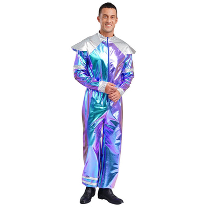Men's Outer Space Alien Costume Halloween Robot Costume Jumpsuit Sleeves Deluxe Shiny - Blue / 3XL