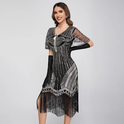 Vintage 1920s Gatsby Flapper Dress Black Gold Peacock Sequins Fringe Sleeveless Art Deco Party Peacock Beaded Sequin Fringe