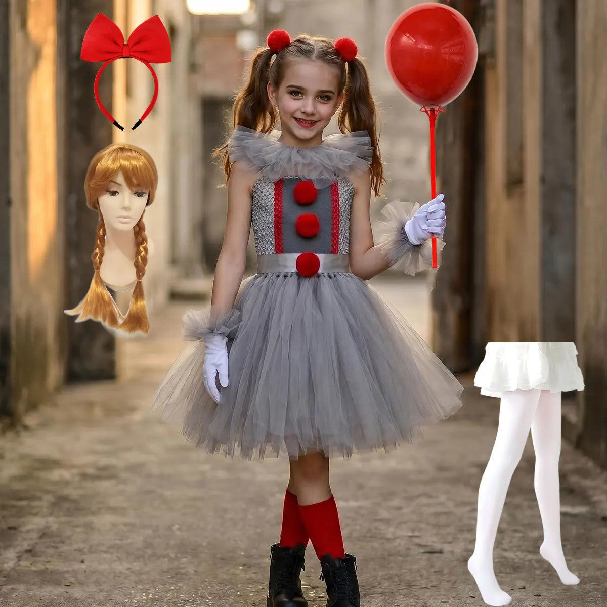 Weird Joker Grey Tutu Dress+Gloves+Hairpin+Bracelet Girls Costume Weirdo Creature Clown - Clown 05 / 8-9T(XL)