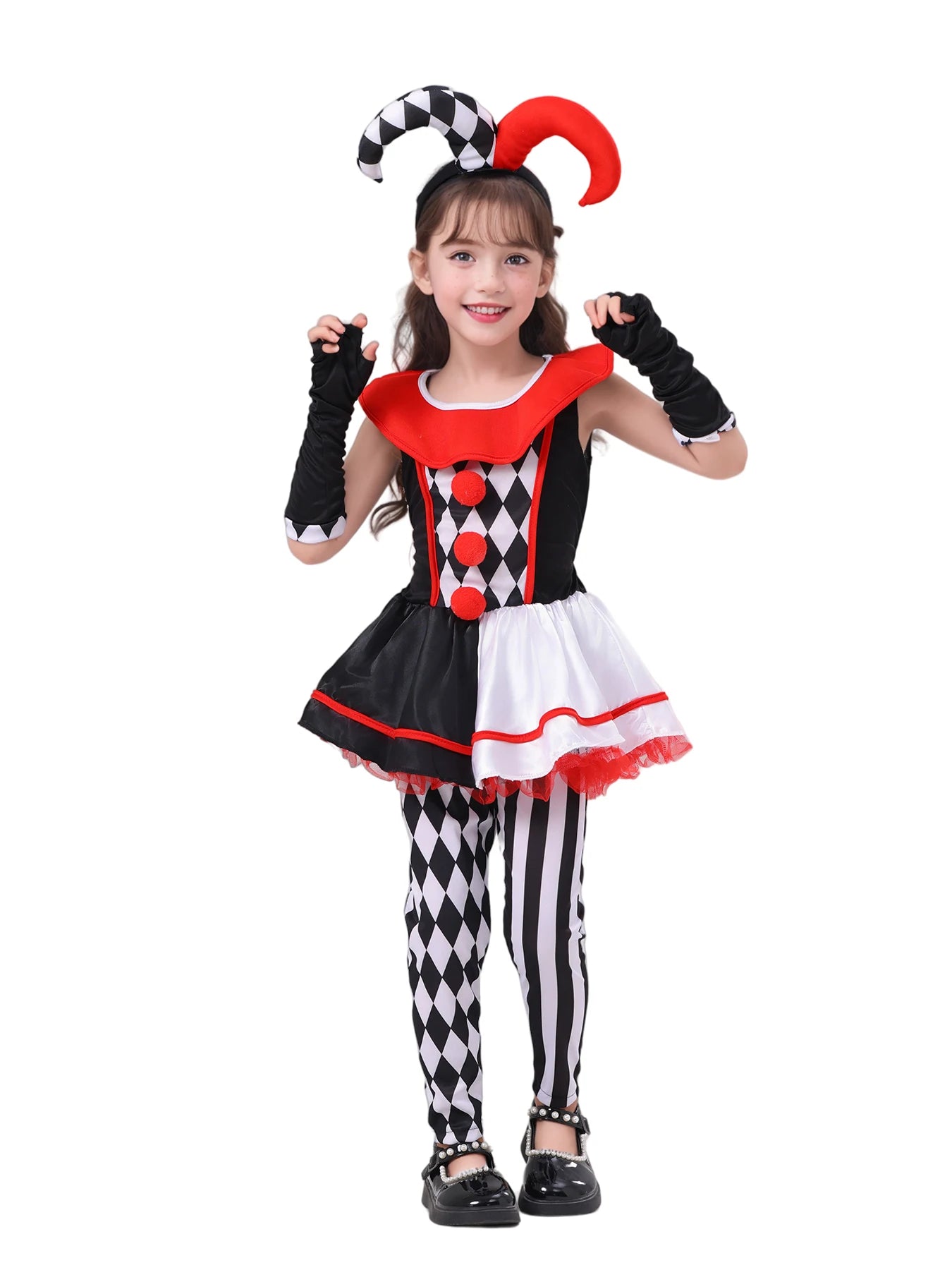 Girls Poker Pattern Jester Clown Costume Dress Outfit Kids Halloween Costume - Beige / 120