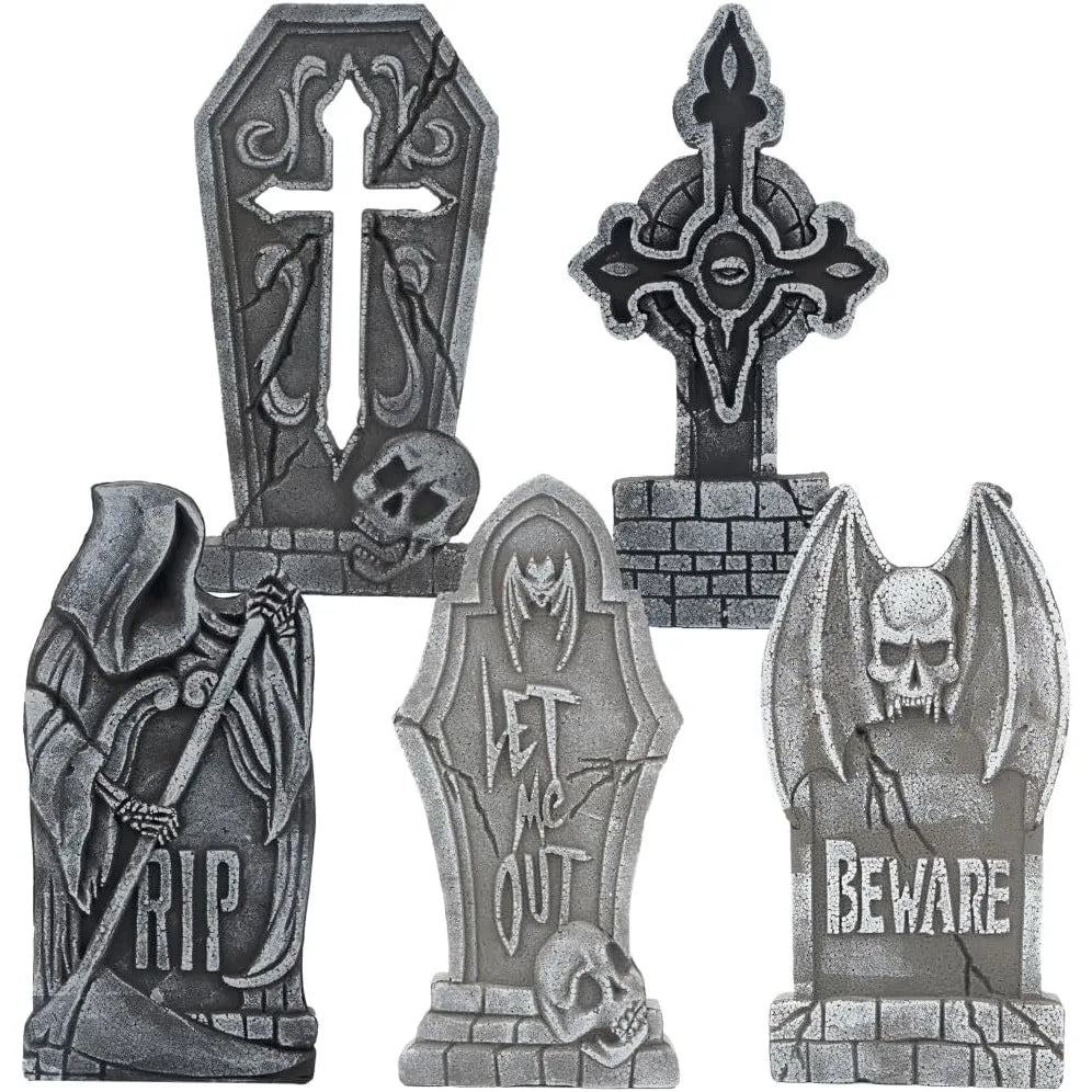 17-Inch Halloween Foam Tombstones Set – 5 Pack Graveyard Yard Decorations with 12 Stakes