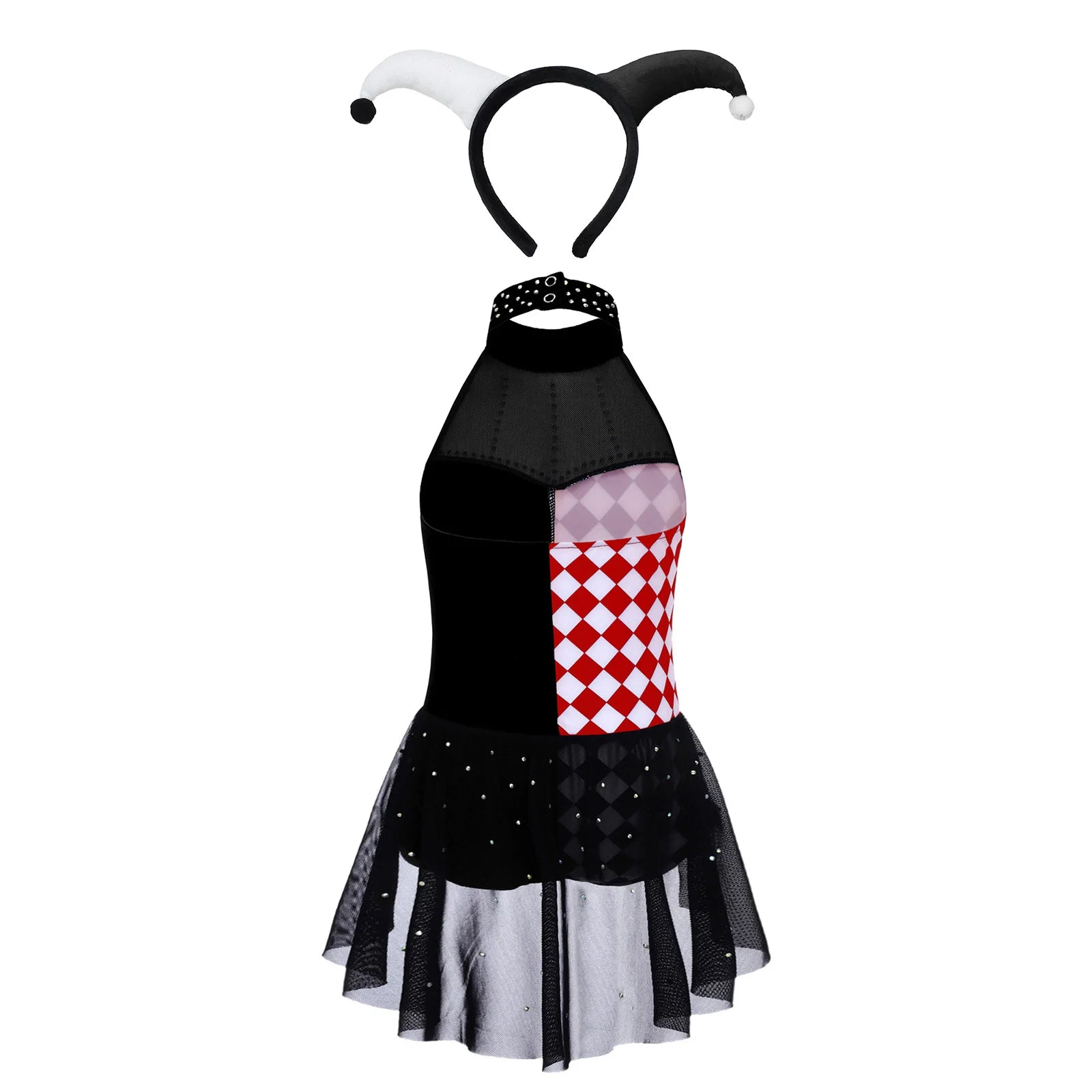 Girls Halloween Circus Clown Costume Performance Costume Sleeveless Rhinestone Mesh Dance - Black / 16