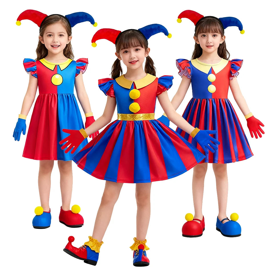 Pomni Halloween Costume for Kids the Amazing Digital Circus Character Derss Gloves and
