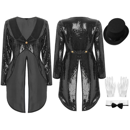 Women's Magician Costume Set Halloween Costume Sleeve One-Button Patchwork Sequin Tailcoat - Purple / XXL