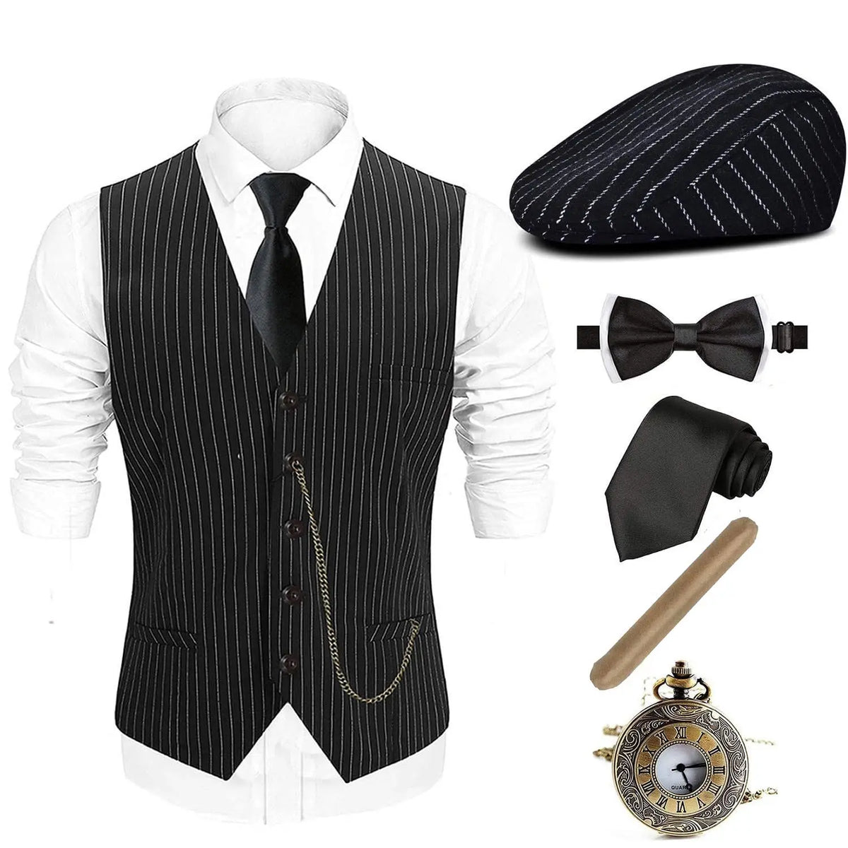 1920s Mens Costume ,Gatsby Gangster Vest,Vintage Pocket Watch,Pre Tied Bow Tie