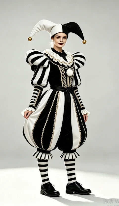Green Jester Costume Outfits Medieval Renaissance Court Clown Costume Uniform with Hat Set - female white / XXXL