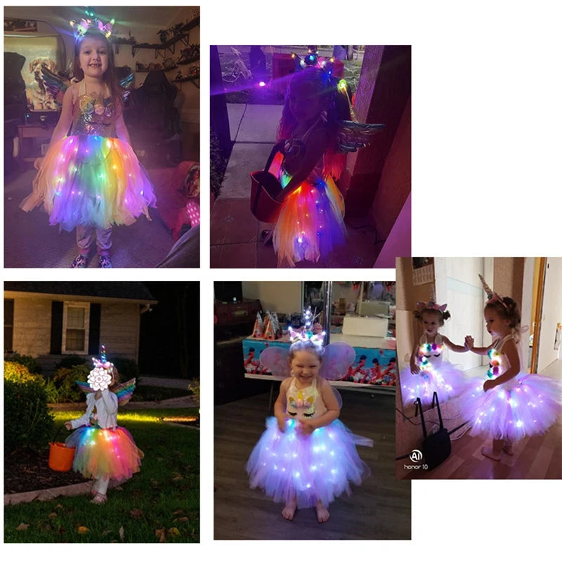 Girls Shiny Unicorn Tutu Led Lighting Dress Glowing Dresses Princess Dress Clothing