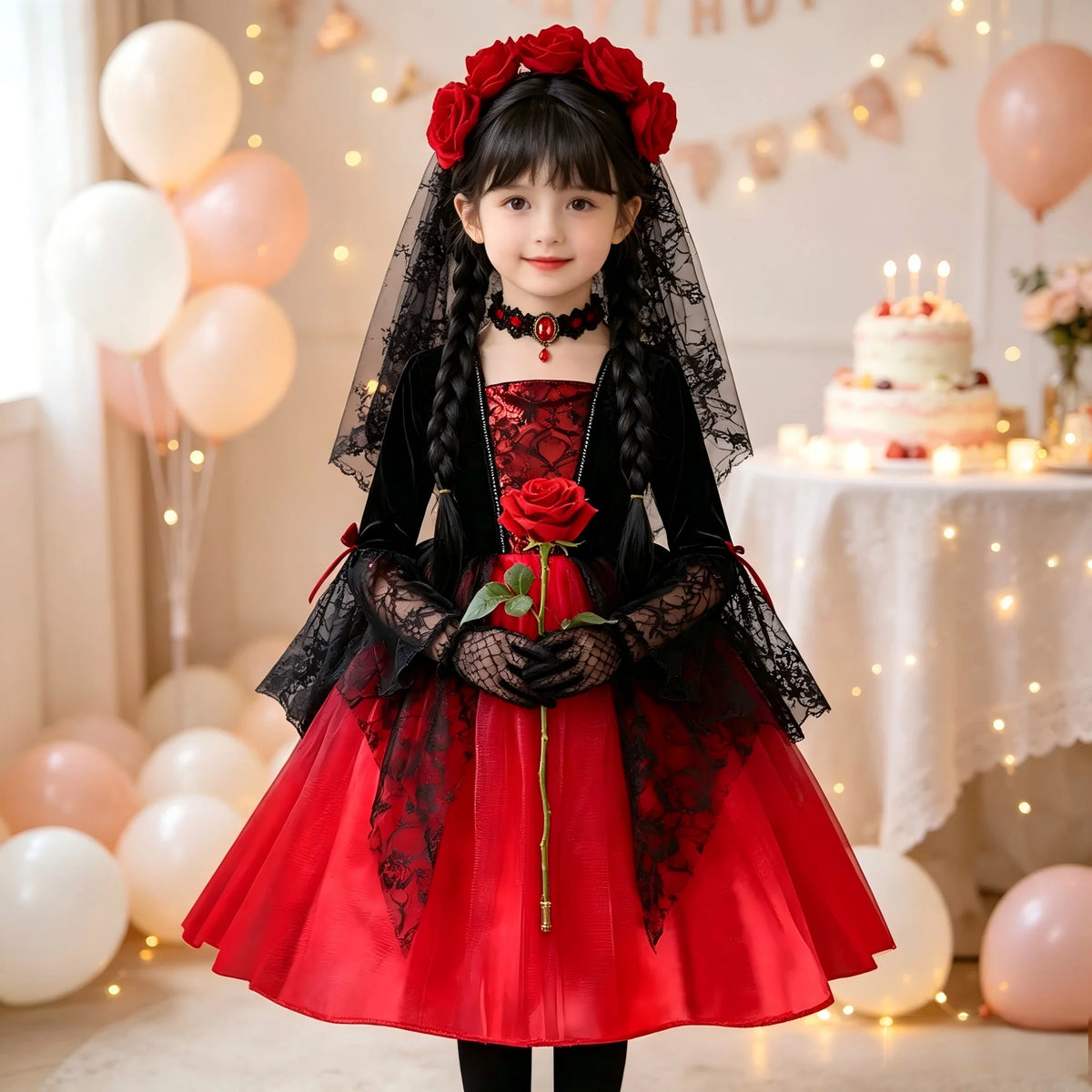 Girls Gothic Vampire Costume – Black & Red Dress or Accessory Sets