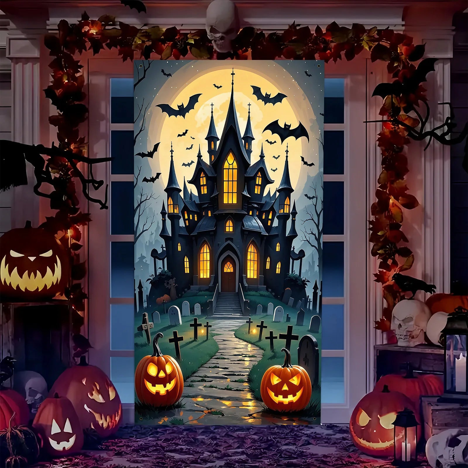 Scary Halloween Door Decoration - Polyester material, full moon and ghost - product image 4
