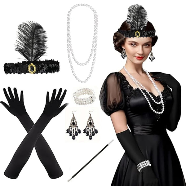 1920s Women's Flapper Accessory Set, Roaring '20s Gatsby Headband Flapper Costume