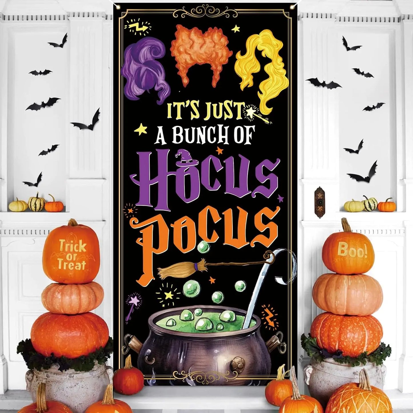 Halloween Door Cover, Hocus Pocus Sanderson Sisters Front Porch Door Sign Banner, Halloween Decorations and Supplies for Home
