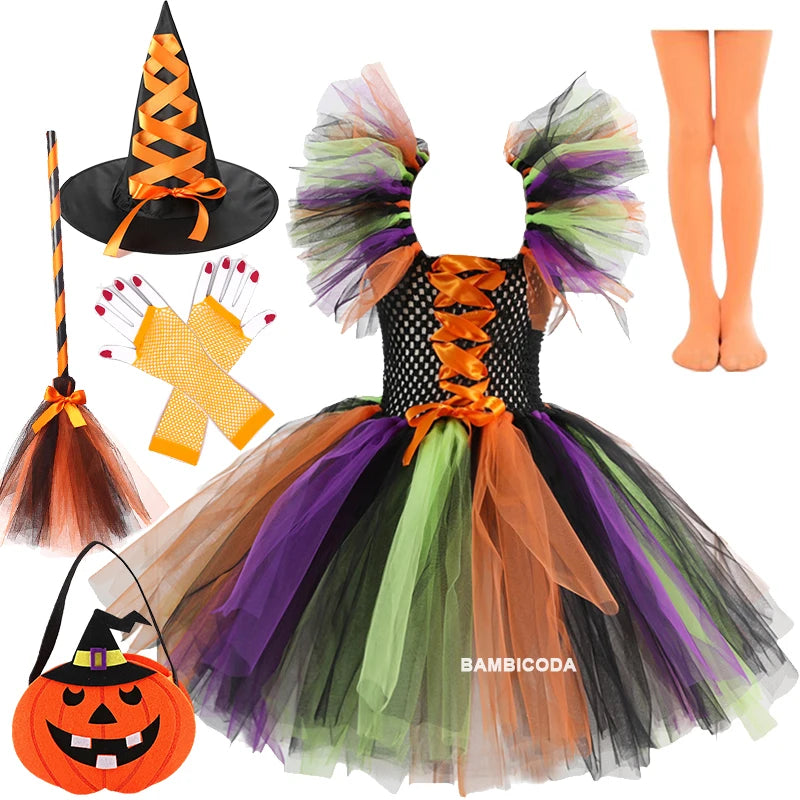 Kids' Witch Disguise Tutu Knee Hat Broom Pantyhose Halloween Costume - b2 / M(4-5Y)