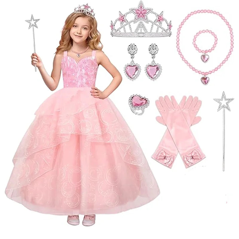 Movie Good Witch Costume Kids Pink Dress With Crown Magic Wand And Gloves For Girls Evil Halloween Birthday - product image 1