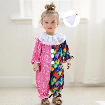 Toddler Baby Clown Halloween Costume Contrast Color Sleeve Jumpsuit and Hat 2 Pcs Set - B / 2-3Y