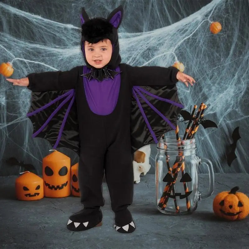 Kids Bat Costume – Black & Red Winged Jumpsuit with Hat