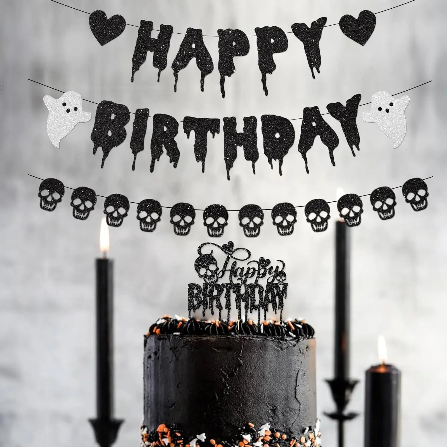 Black Glitter Halloween Birthday Banner Decorations Cake Topper Heart Skull - product image 2