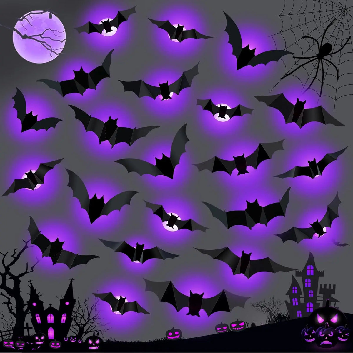 3D Bat & Spider LED Halloween Wall Night Light - 24PCS-2Boxs