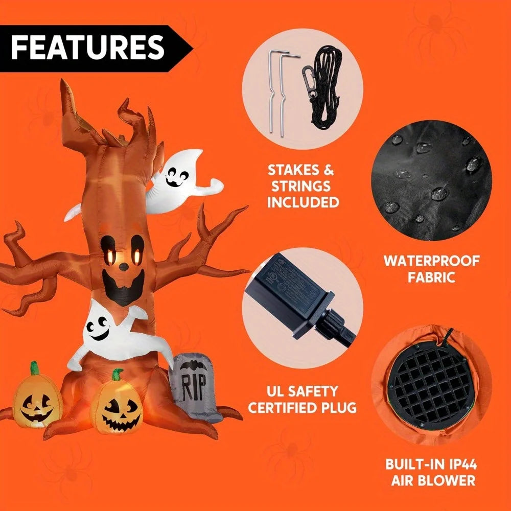 8 Ft Halloween Inflatable Scary Tree with Ghost Decorations, Pumpkin and Tombstone, Blow Up Inflatables with