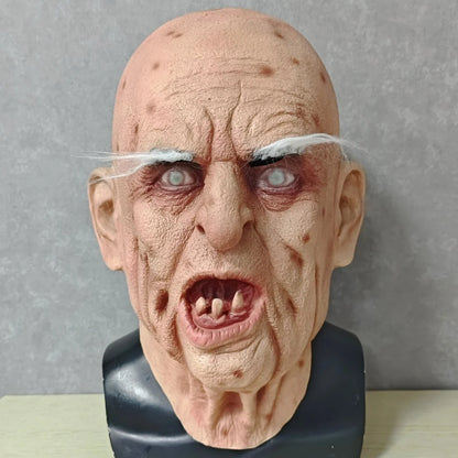 Realistic Horror Old Man Mask Latex Wrinkled Face with Crooked Teeth & White Eyebrows - View 7