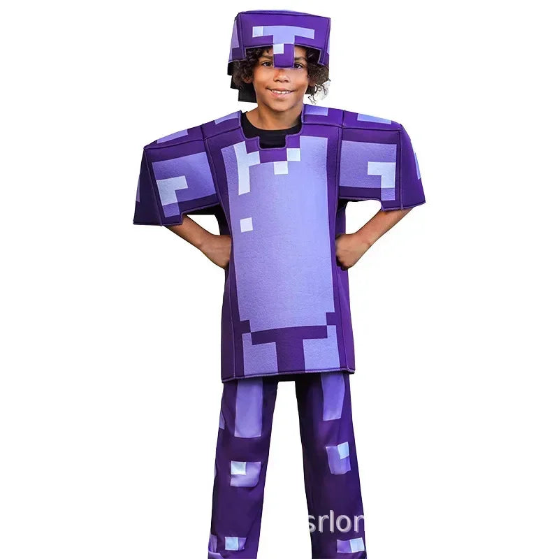 Boys Craft Villager Costume Deluxe Kids Games Party Armor Suit Creep Jumpsuit Blue