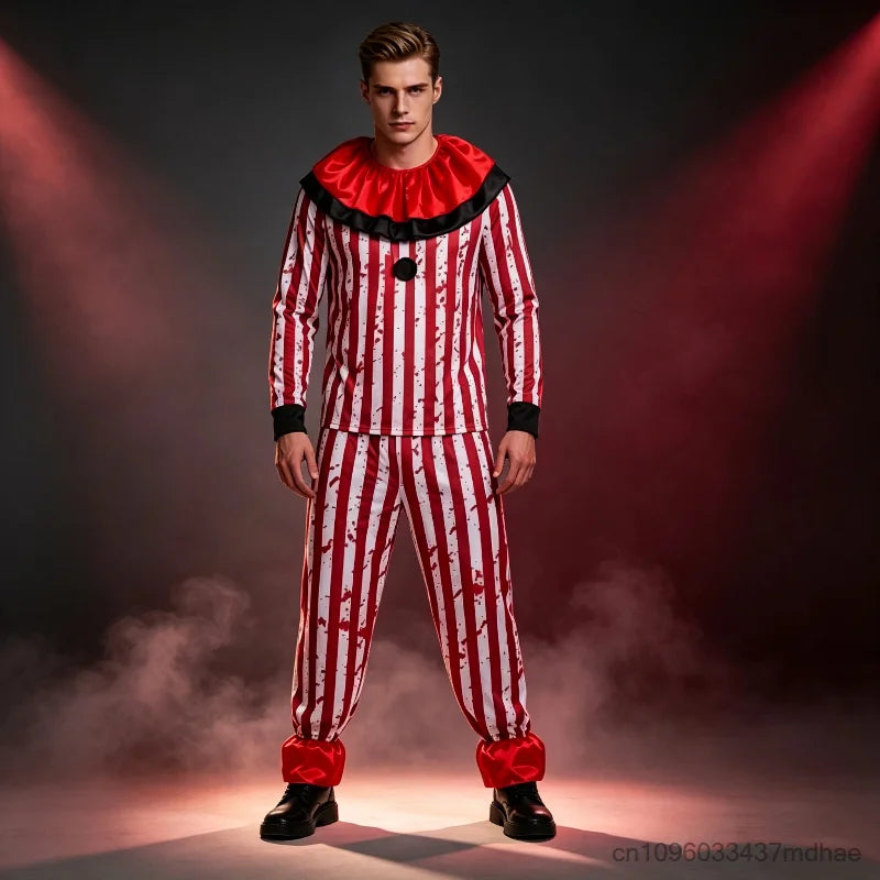 Adult Horror Clown for Men Red White Striped Blood Top with Ruffle Collar Costume