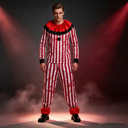 Adult Horror Clown for Men Red White Striped Blood Top with Ruffle Collar Costume