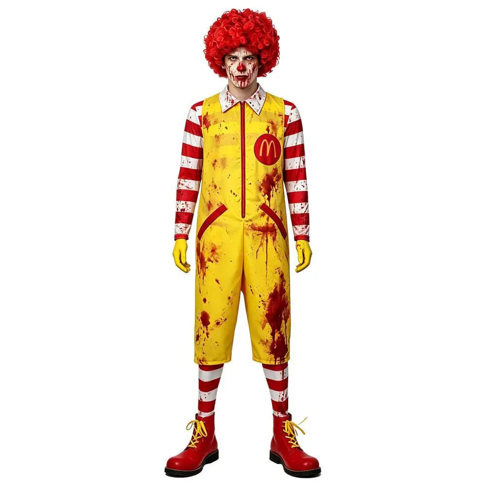Bloody Ronald M Clown Costume Parade Zombie Costume Jumpsuit Wig Halloween Haunted House - Clothes Wigs / Adult XL