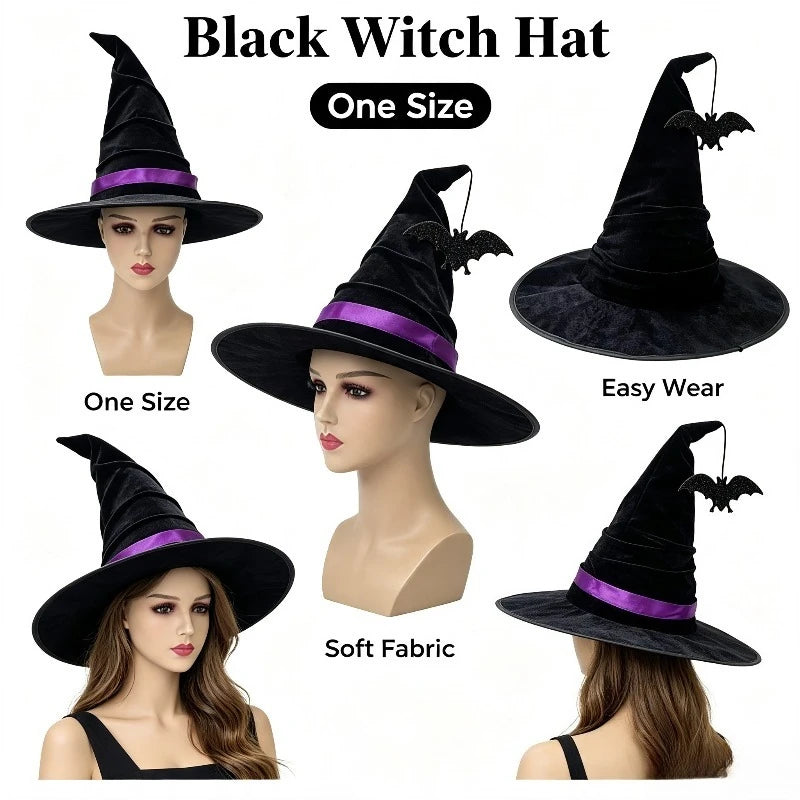 Halloween Crumpled Witch Hat Party, Witch Hat Black Velvet Witch Costume - product image 2