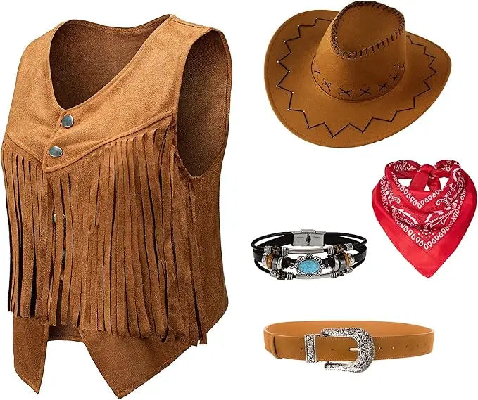 Women Men Cowgirl Costume Western Vest Hat Belt Bandana Set for Cowboy Tassels