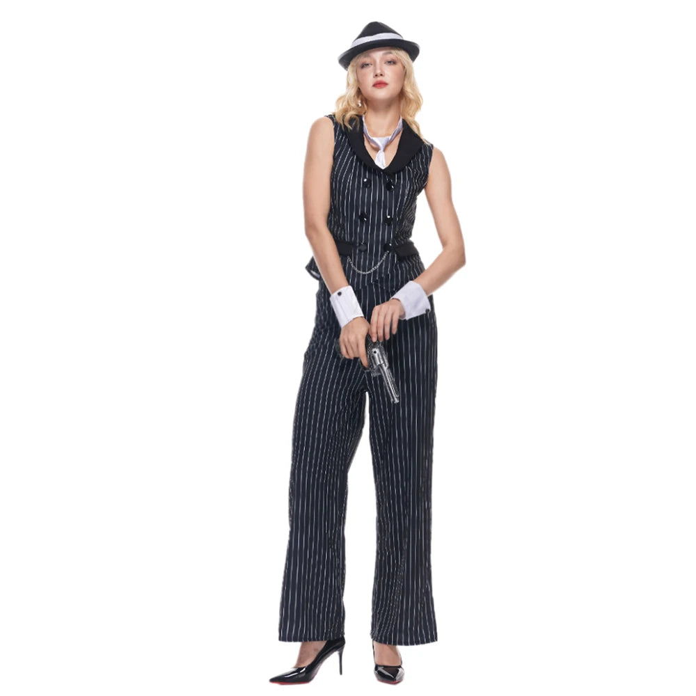 EraSpooky Women Gangster Costume Adult 1920s Pinstripe Suit, Include Sleeveless