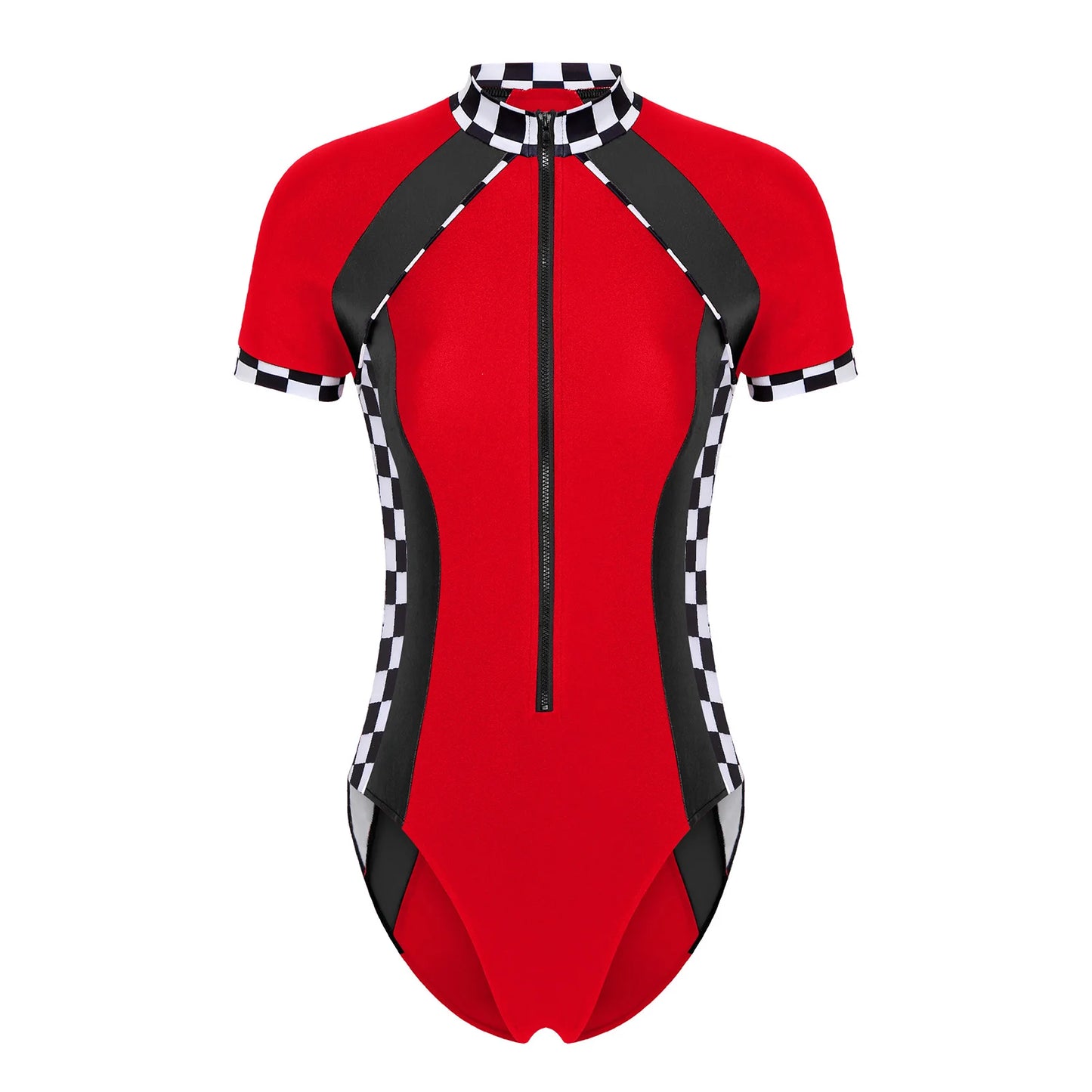 Women's Racer Racing Race Car Driver Short Sleeve Plaid Shiny Bodysuit Costume - alternate view 2