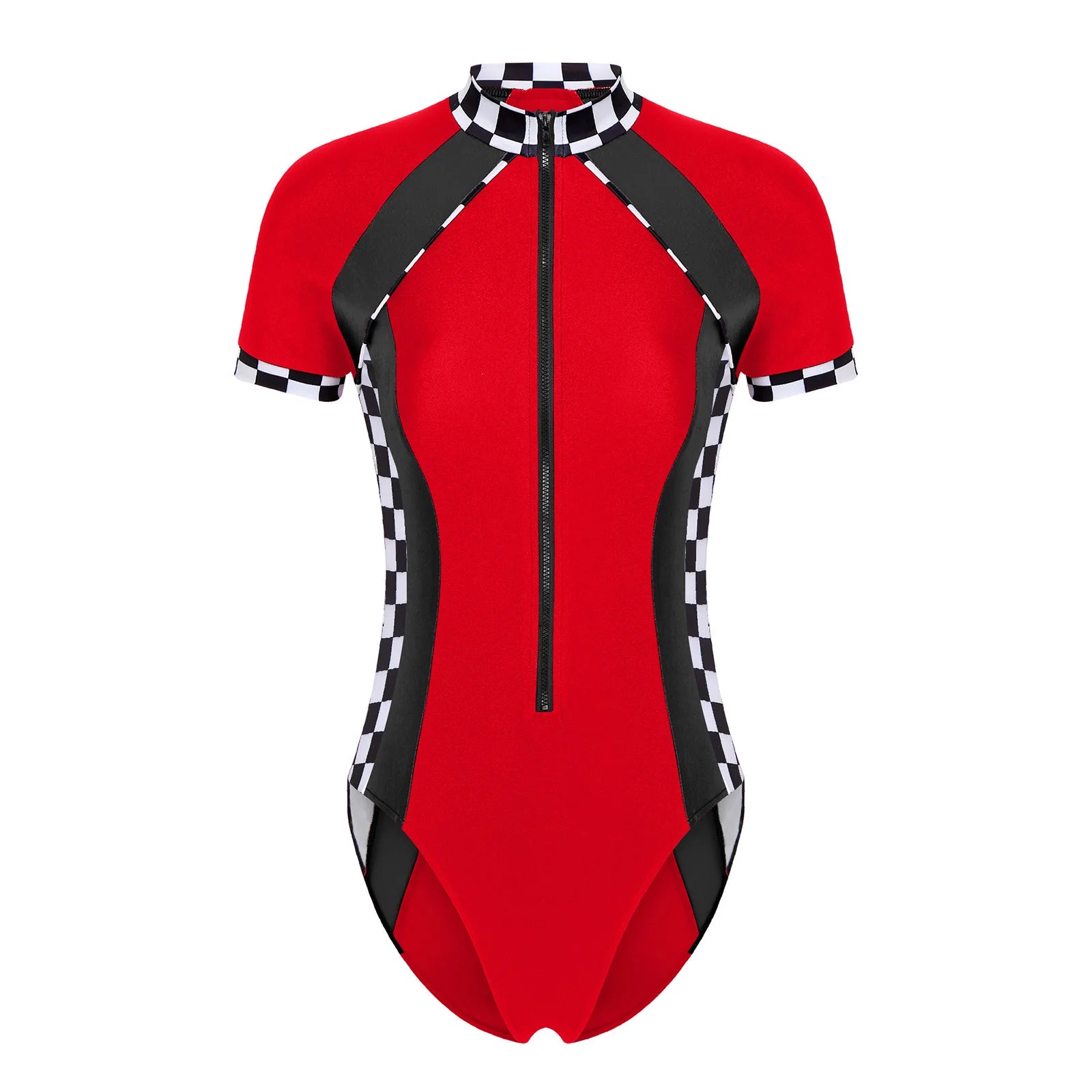 Women's Racer Racing Race Car Driver Short Sleeve Plaid Shiny Bodysuit Costume - alternate view 2
