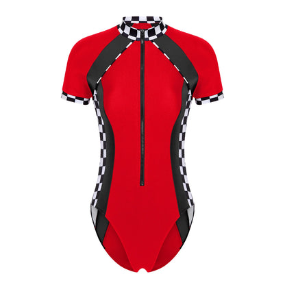 Women's Racer Racing Race Car Driver Short Sleeve Plaid Shiny Bodysuit Costume - alternate view 2