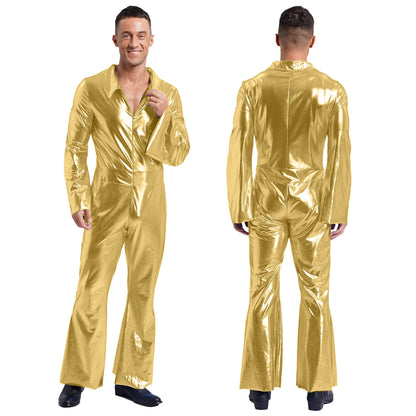 Men 70s Disco Jazz Dance Performance Costume Flare Sleeve Zipper Metallic Shiny Jumpsuit - Gold / XXL