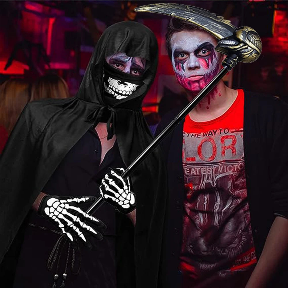 Scary Halloween Grim Reaper Costume Set Scythe Hooded Cape Skull Face Mask Gloves for Kids - L 1set