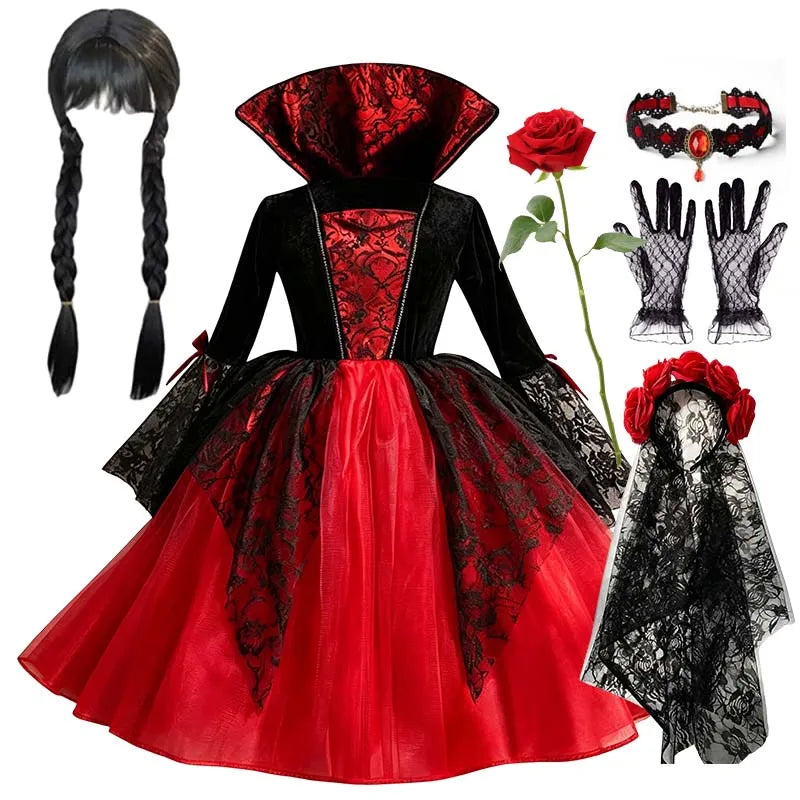 Girls Gothic Vampire Costume – Black & Red Dress or Accessory Sets