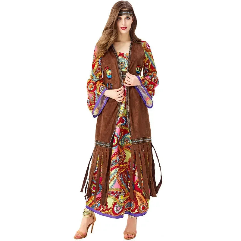 Halloween Costume 70s Outfits Adult Women Hippie Disco Dancing Dress Bohemian Rhapsody - 3 piece set / L