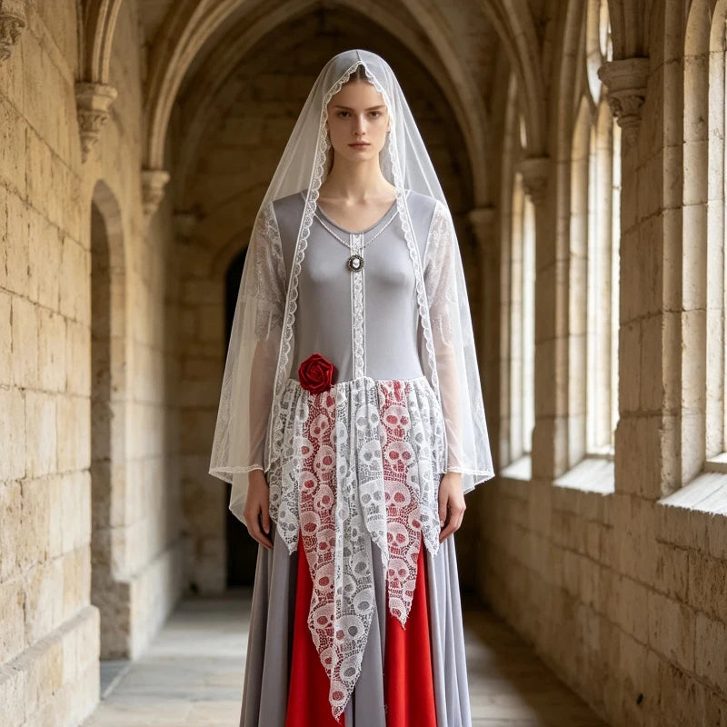 Women Ghost Bride Halloween Costume With Veil Skull Lace Red Rose Gothic - product image 1