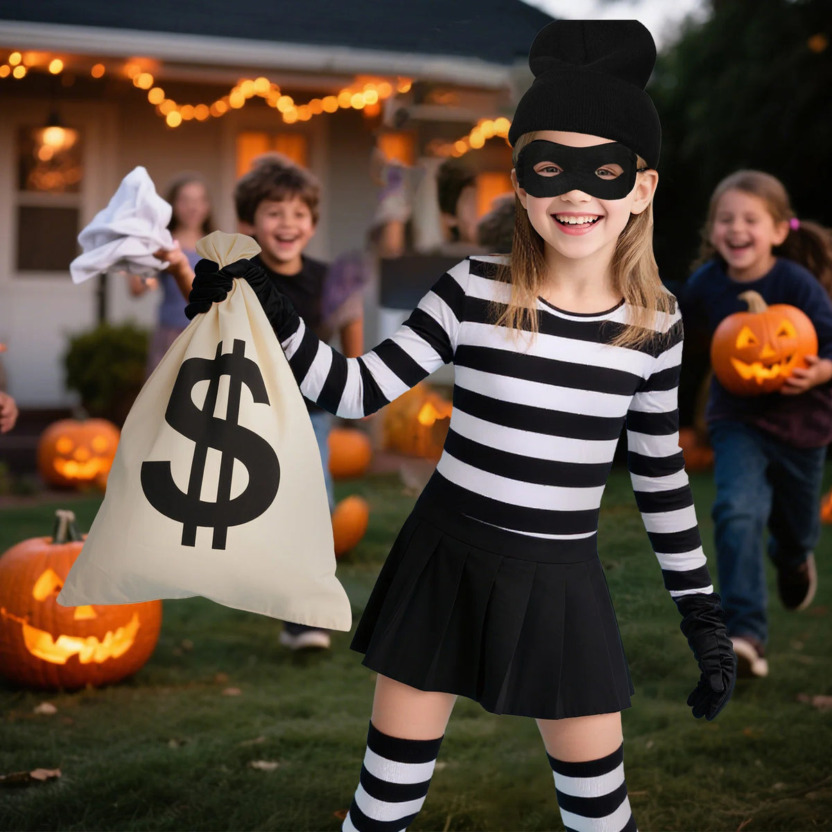 Boys Girls Robber Costume Girls Thief Accessories Jail Prisoner Costume Striped Top