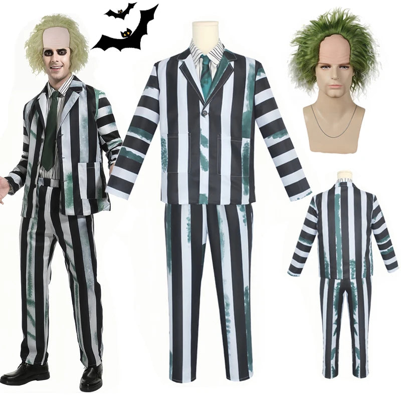 Adult Men's Costume Black and White Striped Suit with Wig for Halloween Costume Outfit - Costume and Wig / XXXL
