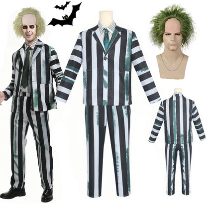 Adult Men's Costume Black and White Striped Suit with Wig for Halloween Costume Outfit - Costume and Wig / XXXL