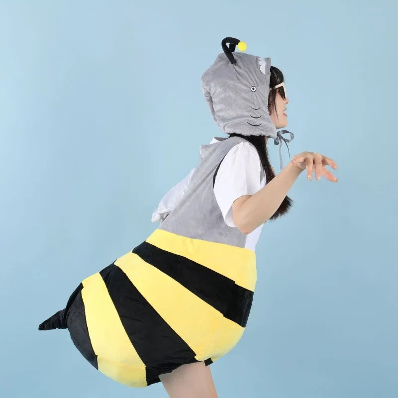 Boys Girls Bee Shark Cosplay Costume Doll Stripe Sleeveless Back Wing Hat Suit Funny Animal Clothes Halloween Roleplay Outfit