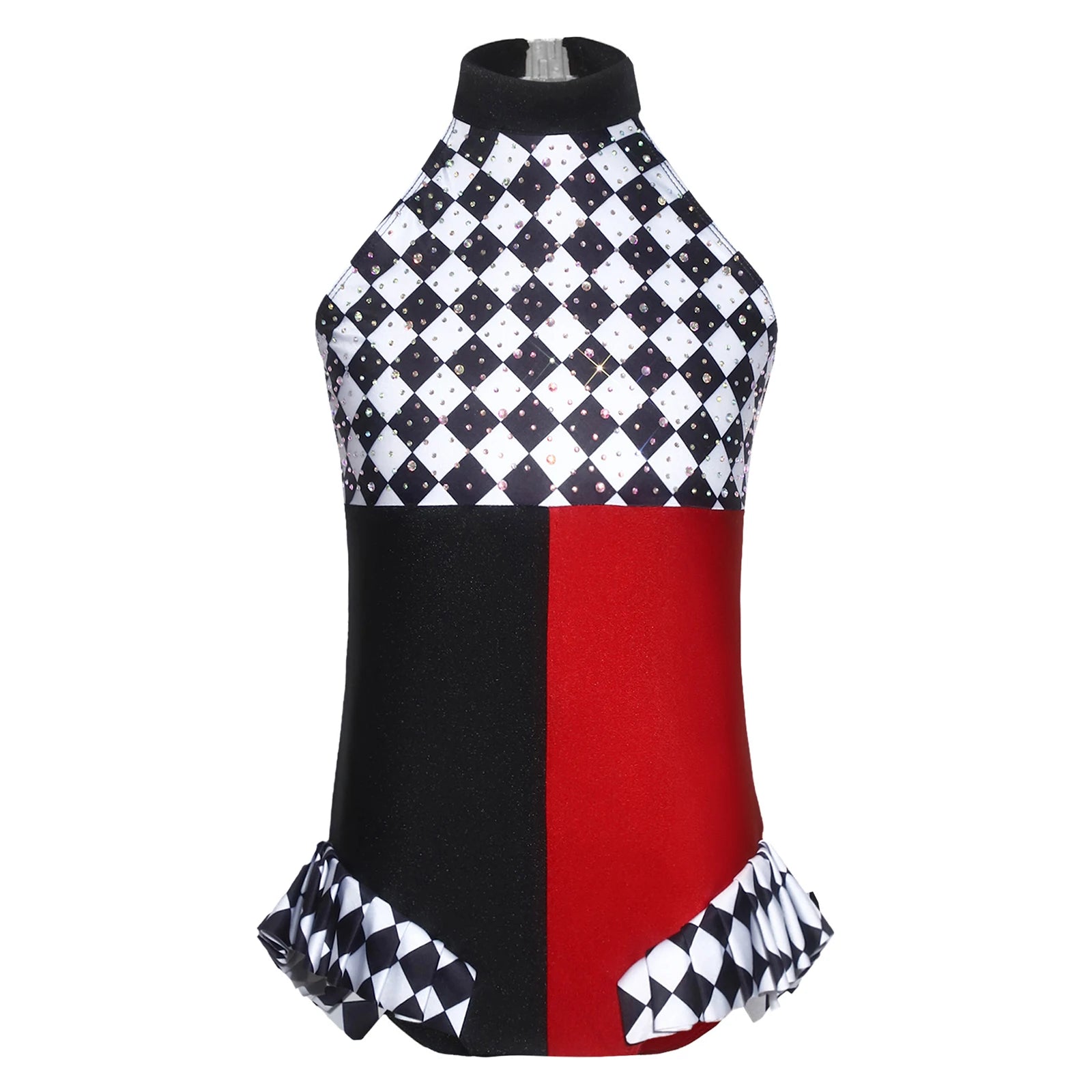 Kids Girls Circus Clown Mad Hat Costume Rhinestones Halter Sleeveless Plaid Jumpsuit - Burgundy A / 16