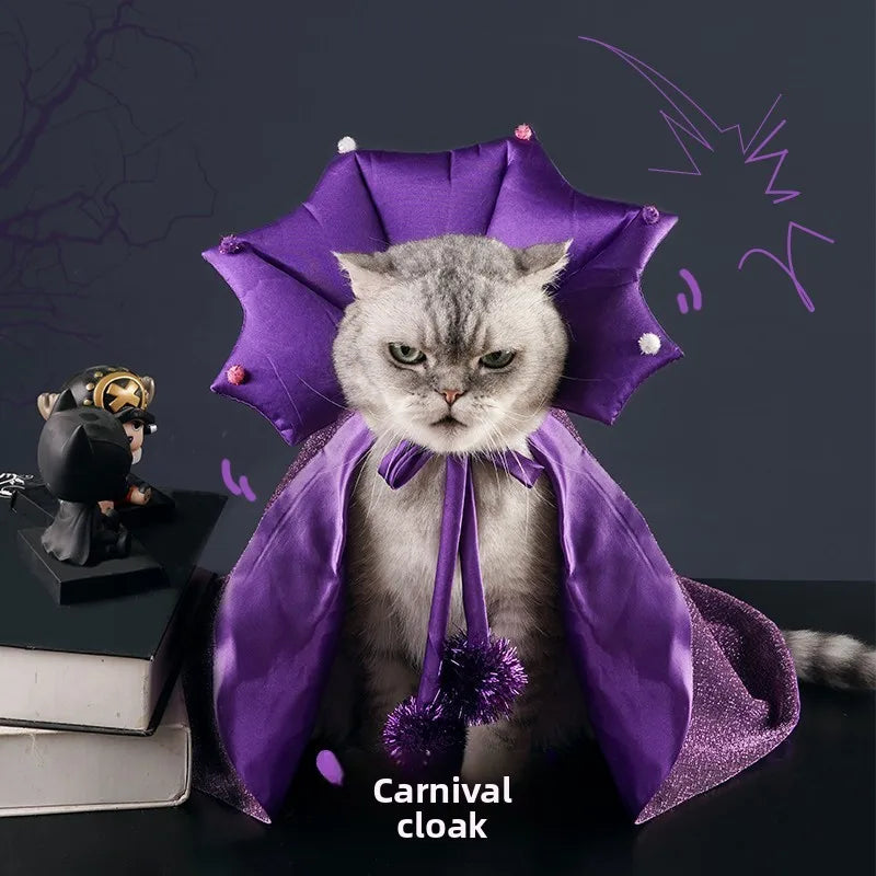 Funny Star Cat Dog Witch Cloak Set with Soft Purple Cloth and Matching Hat –