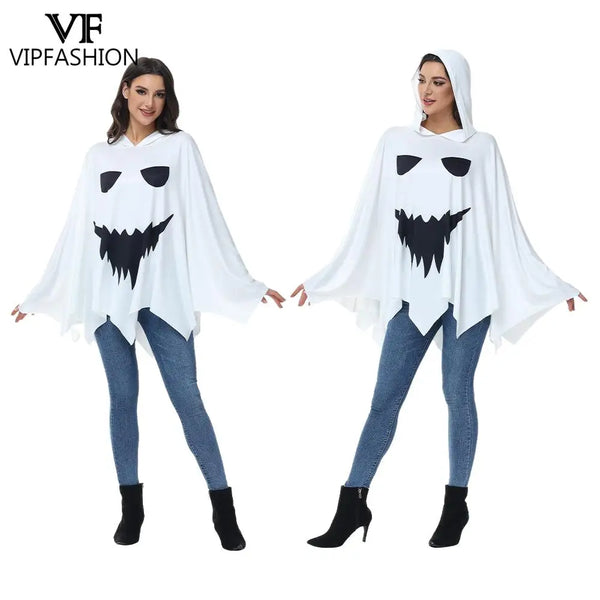 VIP FASHION Halloween Ghost Cloak Scary Cosplay Costume Horror Face Printed White Hood Cape Day of the Dead - product image 1