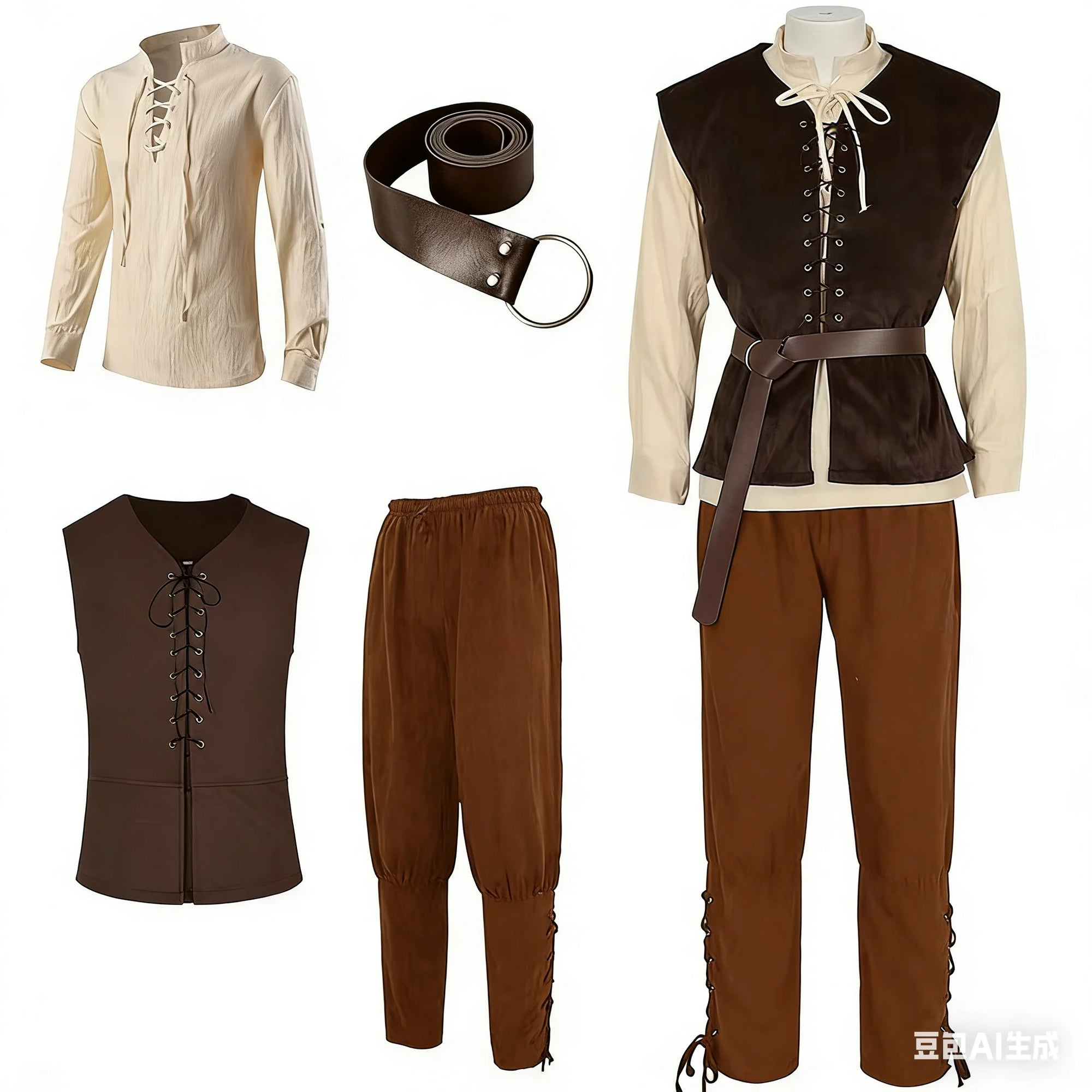 Men's 4 Pcs Renaissance Set Medieval Vest Shirt Ankle Banded Pants Viking Costume - alternate view 9
