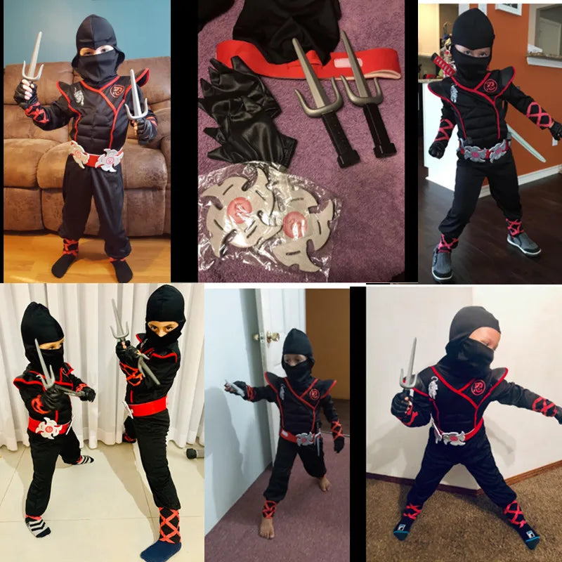Black Ninja Costume Boy Halloween Japanese Samurai Costume Kid Anime Muscle Costume With