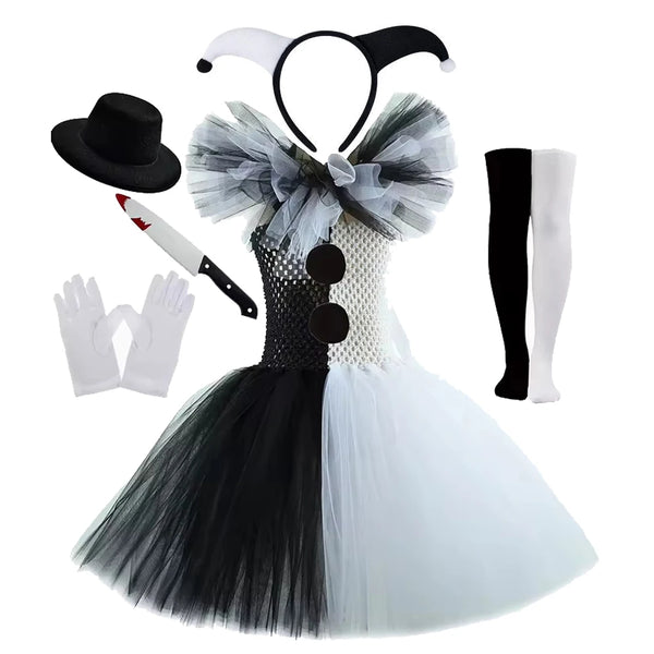 Girls Black & White Jester Tutu Halloween Costume