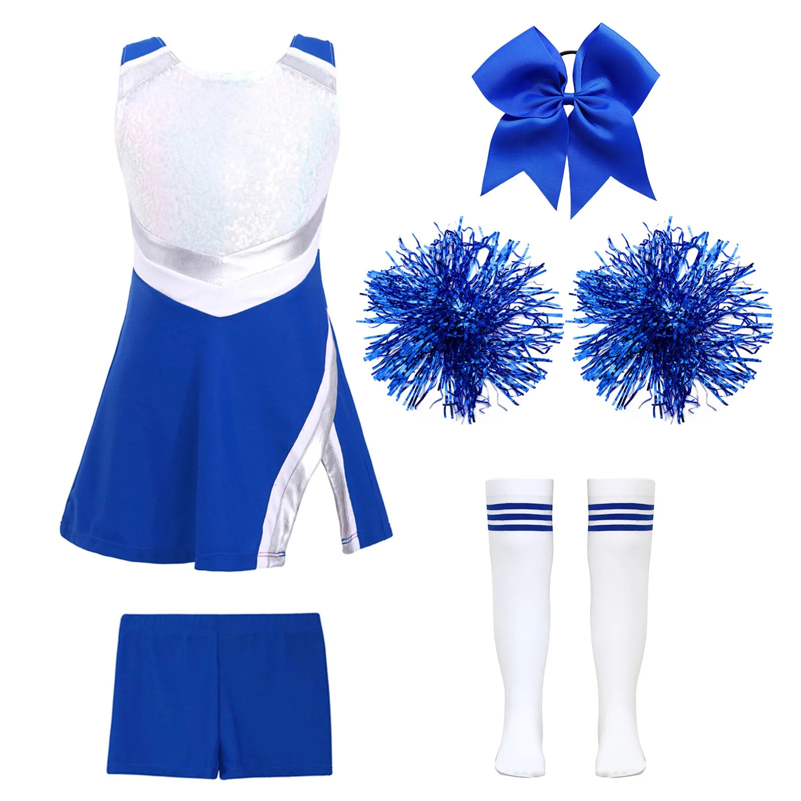 Girls' Cheerleader Costume Uniform with Pom-Poms - A Royal Blue 6
