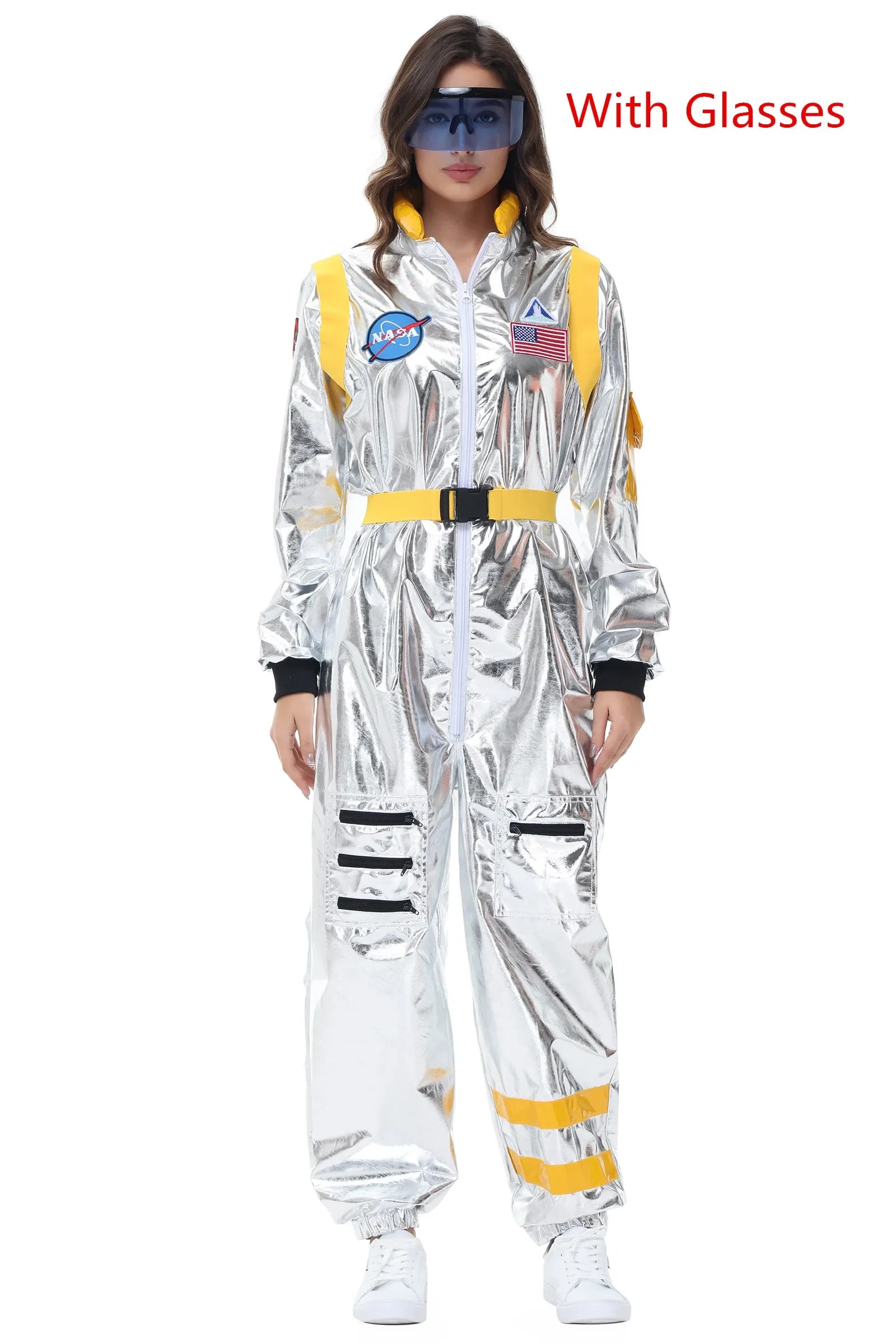 Adult Silver Astronaut Costume Men Women Spaceman Suit Space Jumpsuit Halloween Costume - Pink Women-B / M